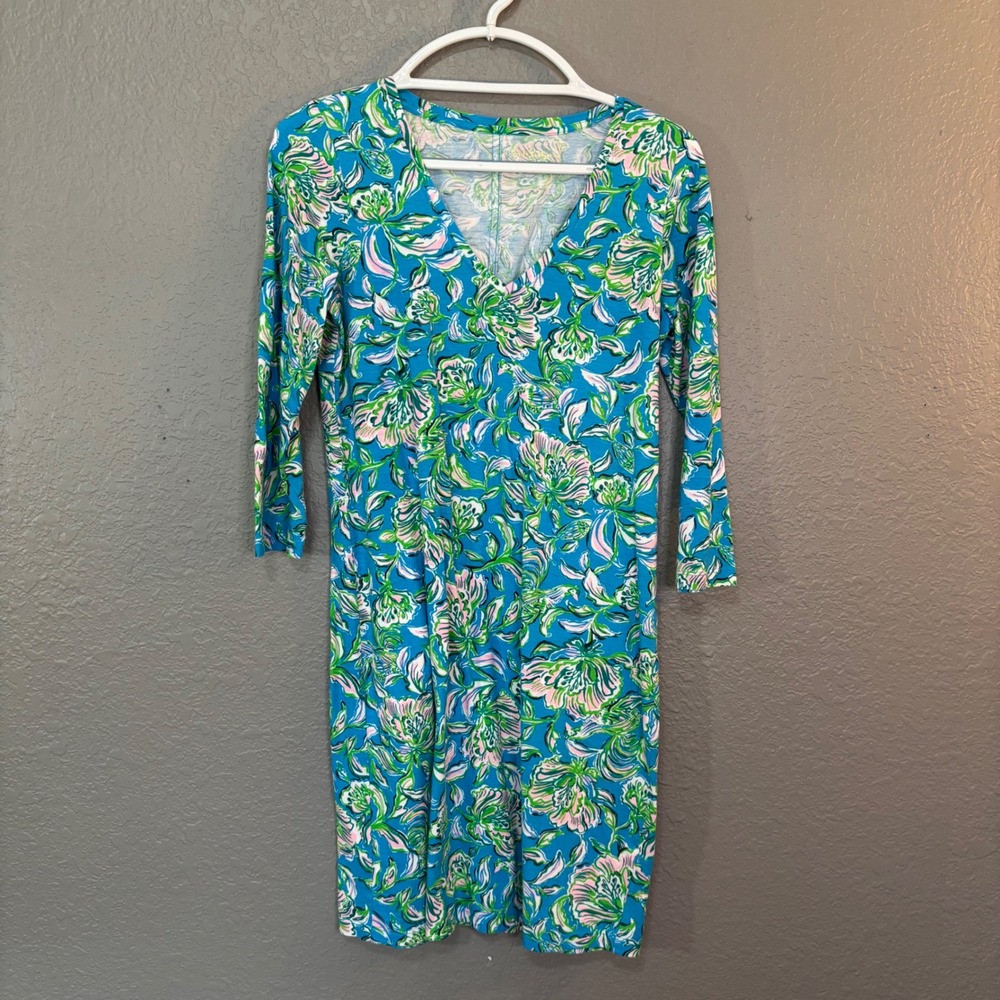 Lilly Pulitzer Floral V-Neck 3/4 Sleeve Jersey T-Shirt Dress Blue Green Pink S